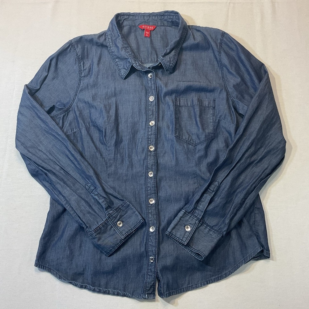 Guess Blue Jean Women's Button Up Size XL Chest pocket Casual Everyday